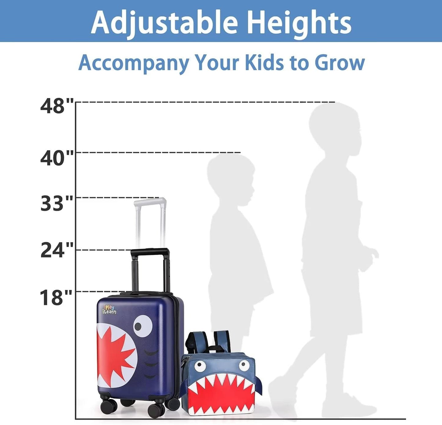 iPlay, iLearn Shark Kids Luggage, Boys Carry on Suitcase, 18" Hardside Travel Luggage Set W/Backpack, Toddlers Rolling Luggage W/ 4 Spinner Wheels, Children Holiday Birthday Gifts