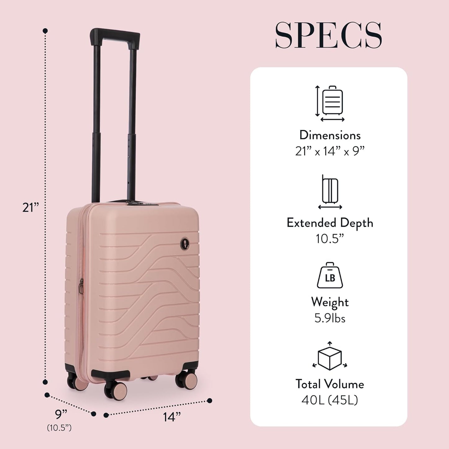 Bric's B|Y Ulisse Spinner Carry-On Suitcase, Lightweight Expandable Hard Shell Luggage with TSA Lock and Smooth 360° Wheels 21 Inch – Pearl Pink