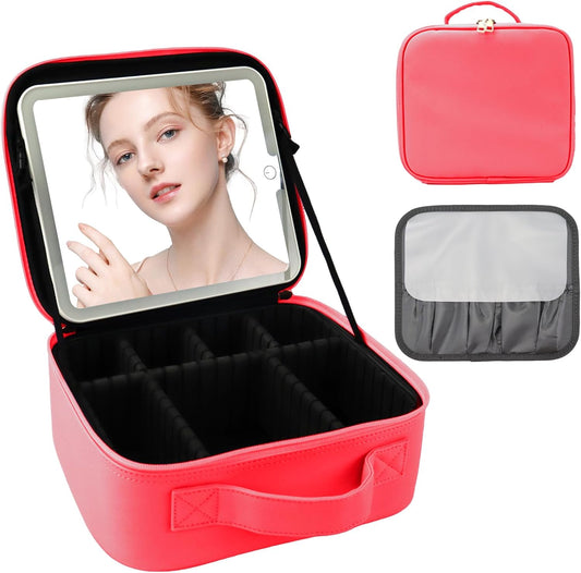 Travel Makeup Bag with LED Mirror and Light Makeup Travel Bag Organizer Portable Cosmetic Brush Organizer Bag with Adjustable Dividers for Cosmetics Makeup Brushes Toiletry (Light Red)