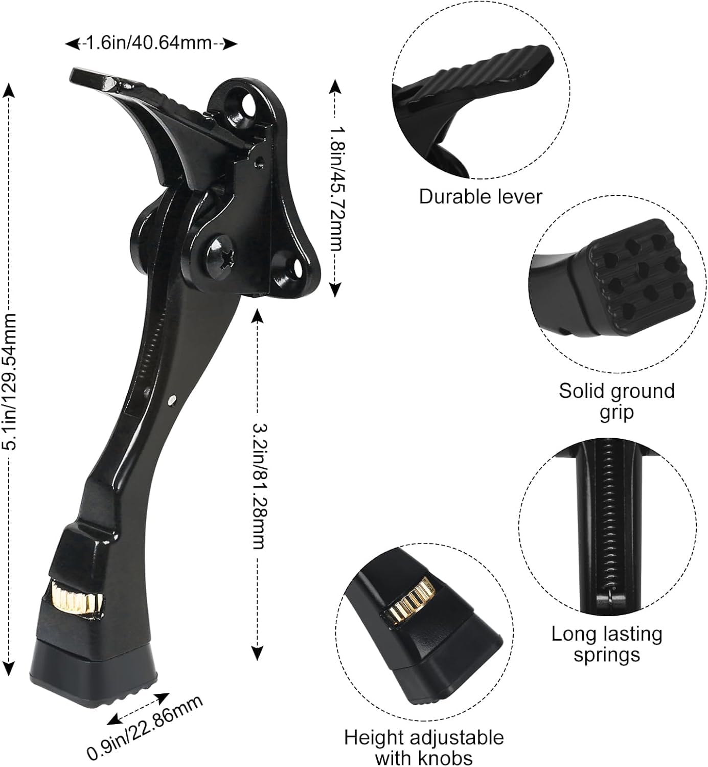 4 Packs Black Door Stops, Heavy Duty Kickdown Door Stopper, One Touch Adjustable Kickdown Door Stop for Heavy Doors, 4 in Metal Door Kickstand with Rubber Tip & Wall Protectors for Wide Doors- Black