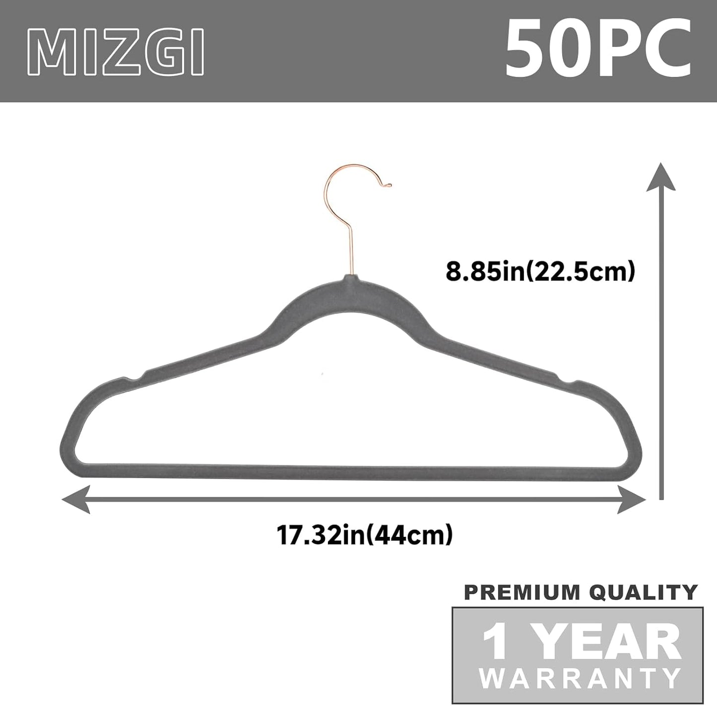 MIZGI Premium Velvet Hangers (50 Pack) Heavy Duty Non Slip Felt Hangers Gray,Rose Gold 360 Degree Swivel Hooks,Space Saving Clothes Hanger,Durable Strong Hanger for Suits,Coats,Pants & Dress
