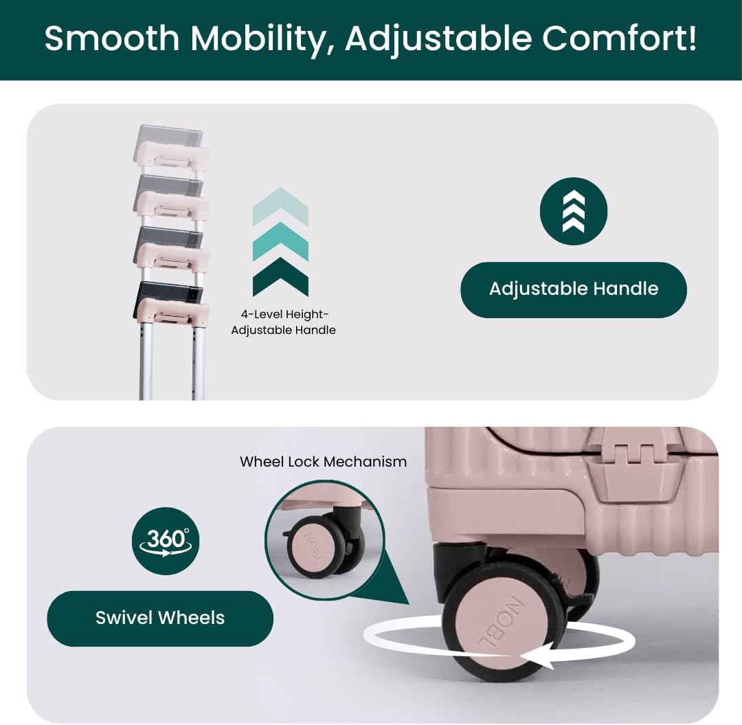 Nobl Travel Carry On Luggage, Noble Zipperless Aluminum Frame PC Hard Shell Suitcase, 22.5x15x9.5 Airline Approved, 360° Spinner Wheels, TSA Locks, USB Charging Port, Cup & Phone Holder - Pink