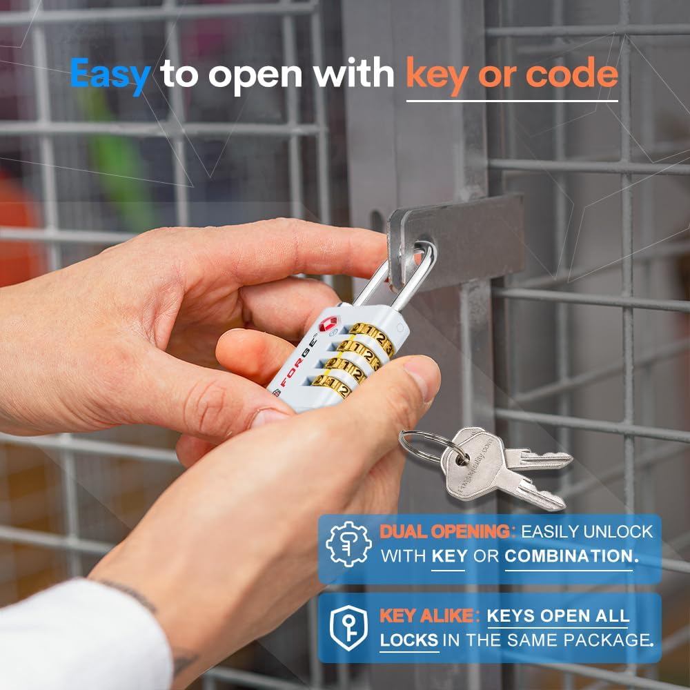 Forge Dual-Opening: Key or Combination Access Lock, TSA Approved Locks for Luggage, Pelican case, Travel, Gym, School, Stainless Steel Shackle. (White, 2 Pk)