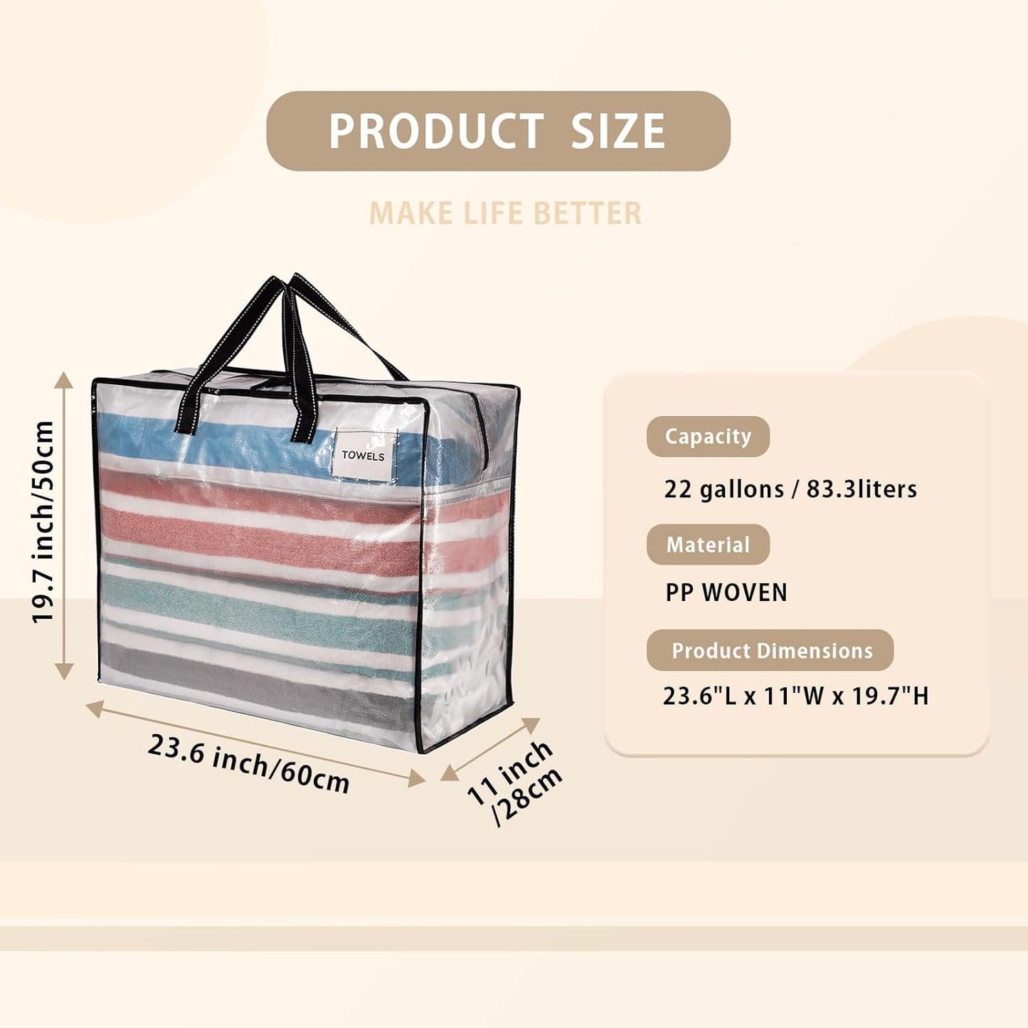 VENO 6 Pack Heavy Duty Moving Bags, Storage Bags, Packing Supplies, Top Zipper, Storage Totes for Camping, Clothes, Bedding, Comforters, Pillows (22 Gallon Clear, 6 Pack)