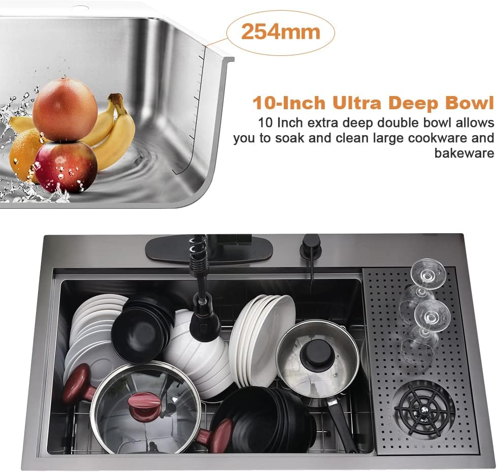 33 Inch Black Drop In Kitchen Sink with Glass Rinser-Bokaiya 33x19 Drop In Sink Stainless Steel Ledge Workstation 16 Gauge Single Bowl Deep Kitchen Sinks with Cup Washer