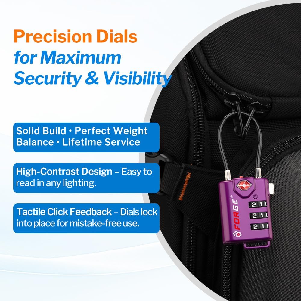 Forge TSA Approved Luggage Locks, Re-settable Combination with Alloy Body (Dark Purple 4 Locks)
