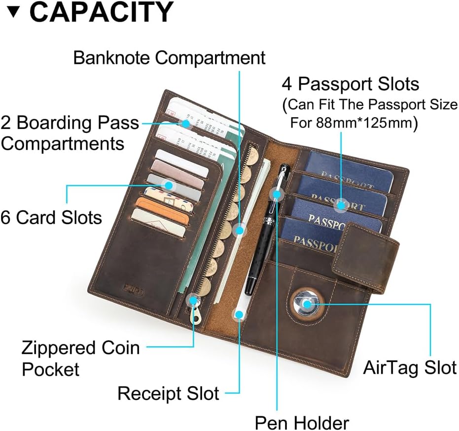 CONTACTS Full Grain Leather Family Passport Holder for 4 Airtag Passport Wallet RFID Blocking Travel Passport Cover with 4 Passport Slot, 6 Card Slot (Brown)