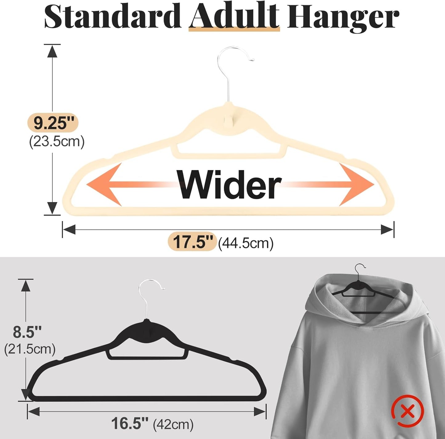 Velvet Felt Stackable Hangers 50 Pack, Non Slip, with 360° Swivel Hook, Ultra Thin and Space Saving for Suits, Shirts, Coats, 15Lbs Capacity Heavy Duty, Ivory