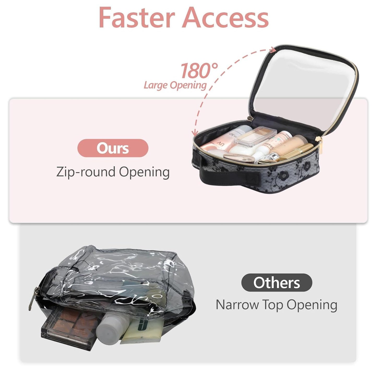 PACKISM Floral Texture Lace TSA Approved Toiletry Bag - 180° Large Opening Clear Makeup Bags in 2 Size, Clear Cosmetic Bags with Handle, 0.5 mm Thick Non-deformable No Smell, Black