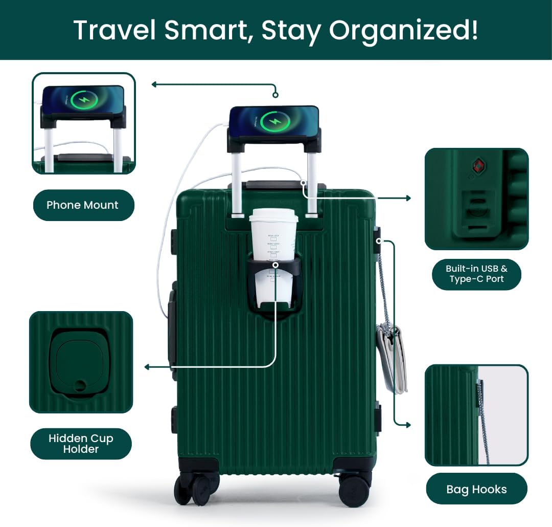 Nobl Travel Carry On Luggage, Noble Zipperless Aluminum Frame PC Hard Shell Suitcase, 22.5x15x9.5 Airline Approved, 360° Spinner Wheels, TSA Locks, USB Charging Port, Cup & Phone Holder -Forest Green