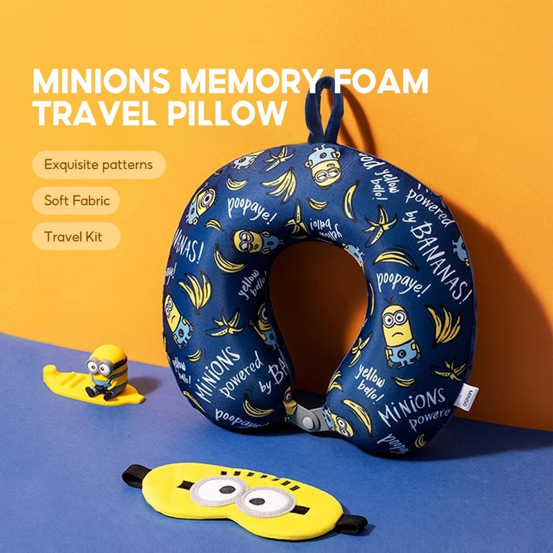 MINISO Minions Travel Neck Pillow with Eye Mask, Cute Cartoon 100% Memory Foam Neck Support Pillow, Lightweight Travelling Pillow Set for Airplane, Car and Home Use