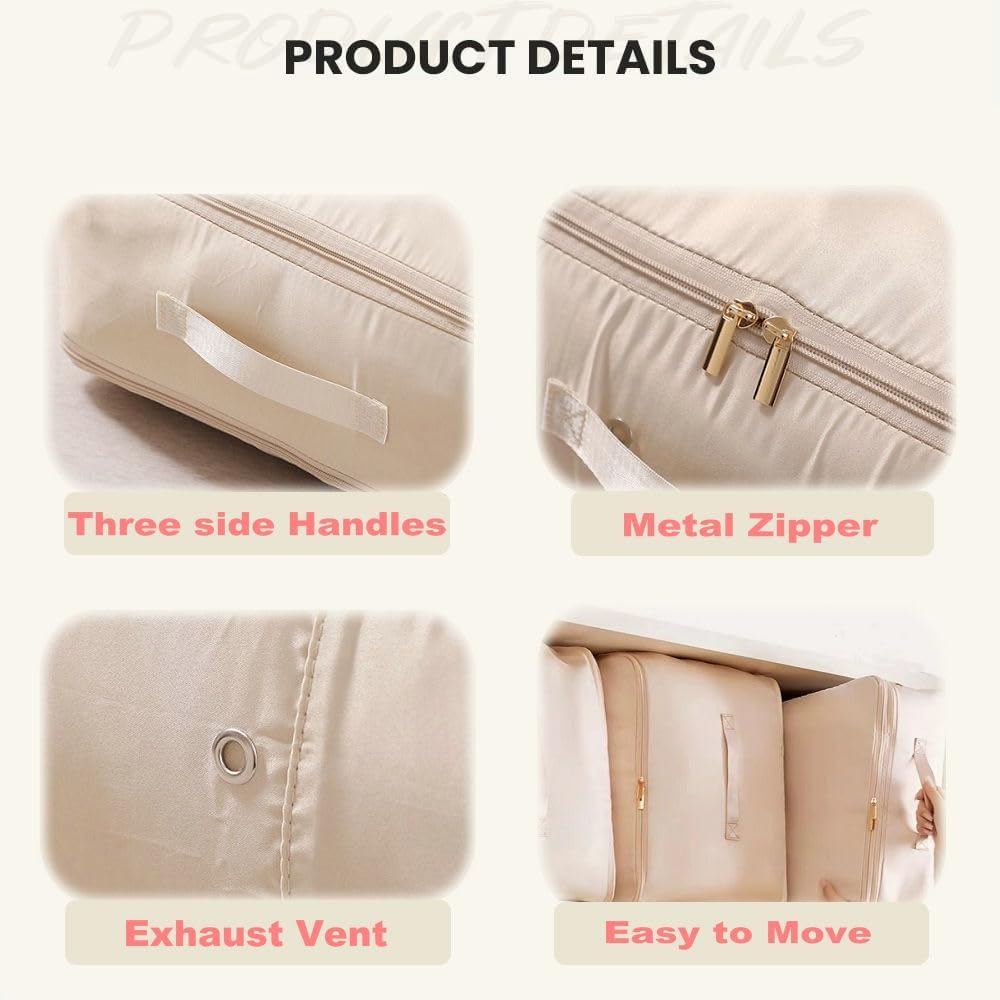 Ultra Space Saving Self Compression Organizer, 2025 New 3-Layer Zipper Large Capacity Storage Bag, Thick Satin Fabric Heavy Duty Bags for Comforters Blankets Bedding Duvet (Beige, X-Large, 21x17x24in)