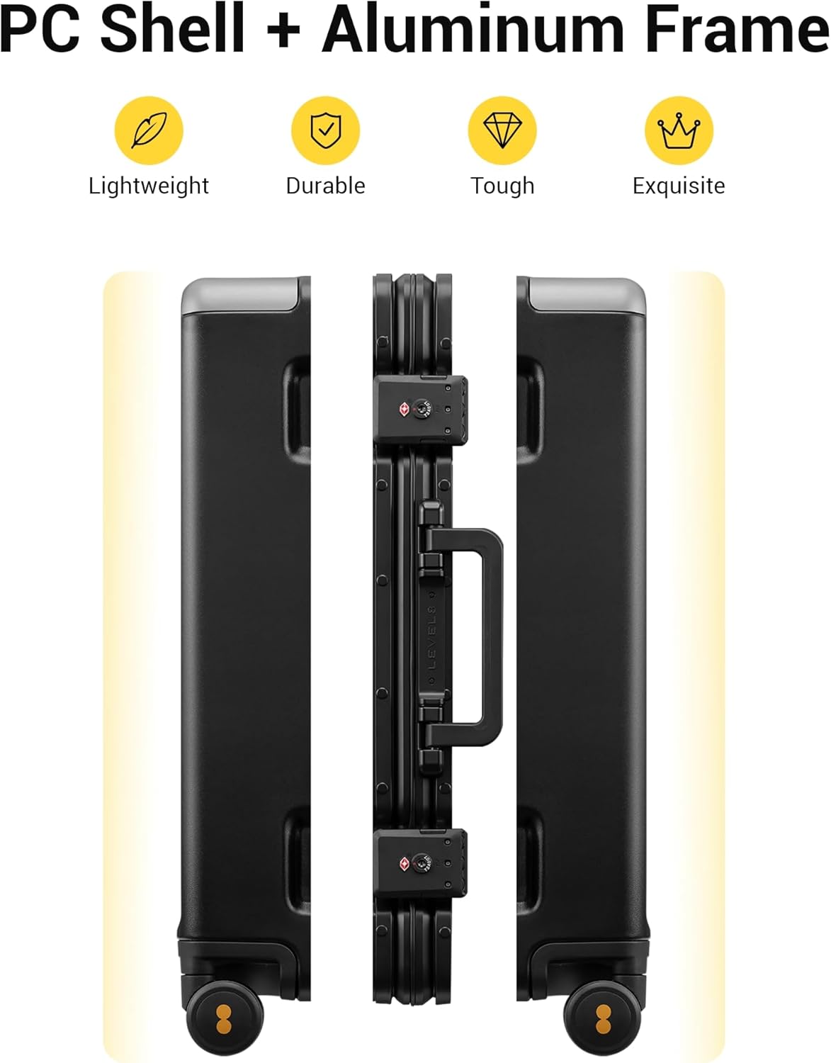 LEVEL8 Zipperless Carry On Suitcase Airline Approved with Aluminum Frame, Hard Shell Luggage with Spinner Wheels, Metal Travel Luggage with Packing Organizers, 20 Inch, Black