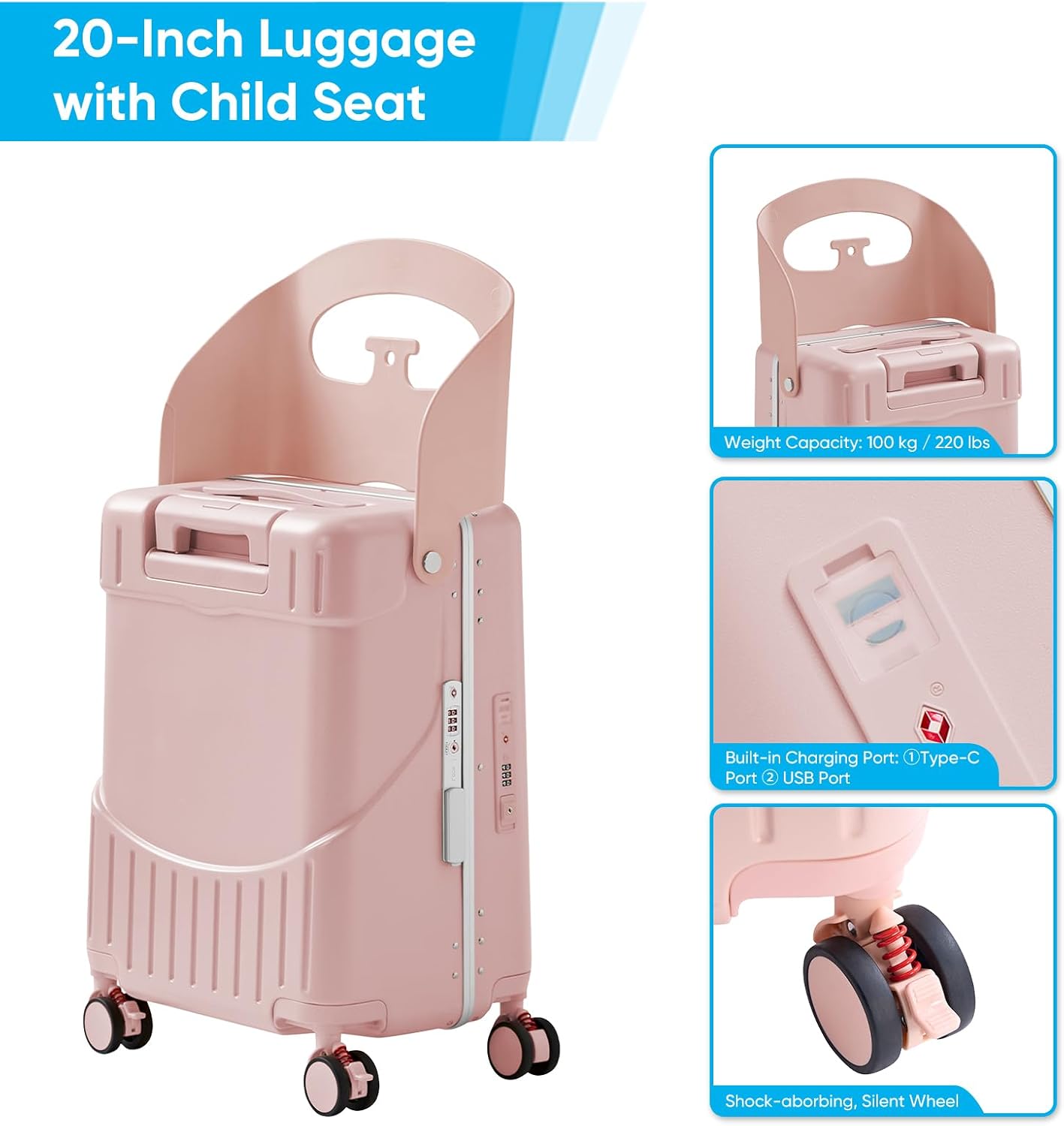 20 Inch Ride on Luggage With Seat For Kids&Adults,with Front Pocket, Foldable Seat Back TSA Approved Lock, 360° Spinner Wheels(20 inch,Pink)