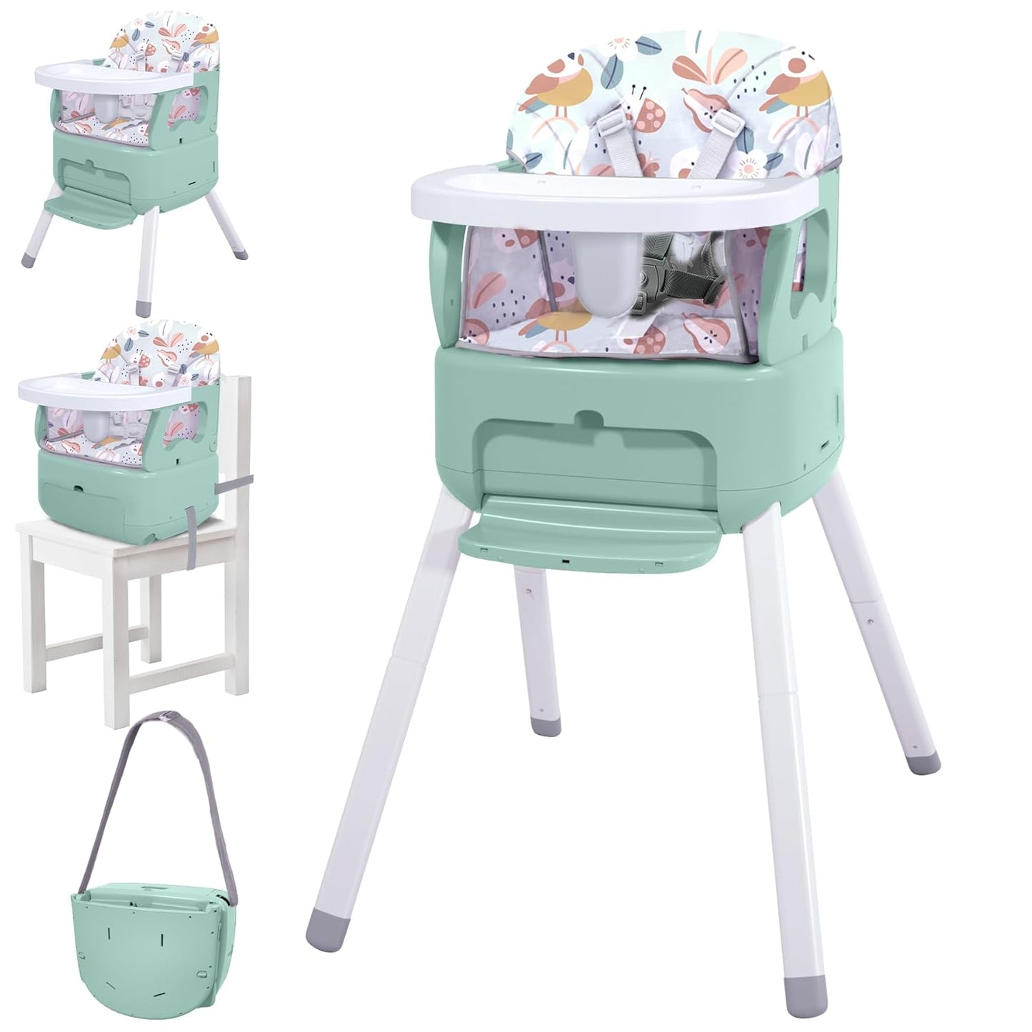 4 in 1 Portable Baby Highchair Convertible Highchair for Babies and Toddlers - Foldable Carry Small Box, High Chair, Infant Booster Seat, Dining Chair, Easy to Carry and Store(Green)