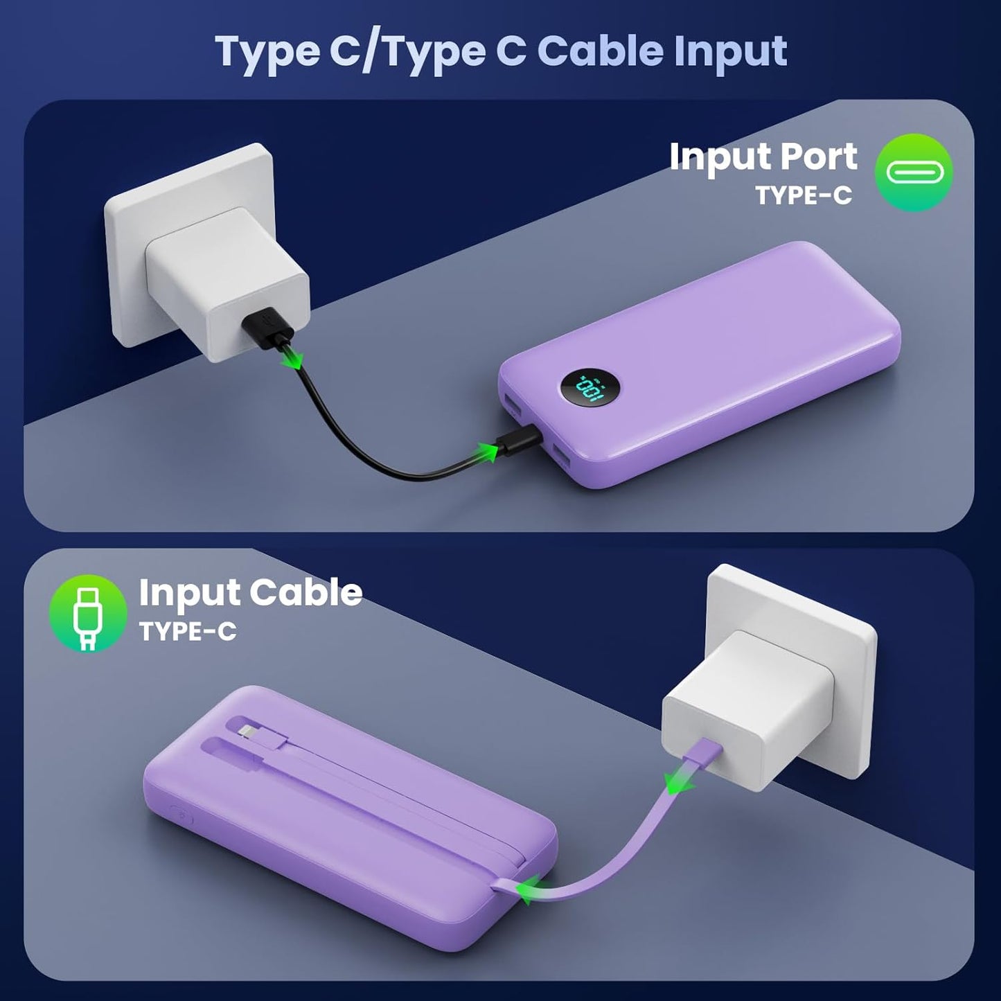 Portable Charger PowerBank 40,800mAh with 2 Built-in Cables,25W PD Fast Charging +QC 4.0 Quick Phone Charging Power Bank, 5 Outputs LCD Display USB C Battery Pack for iPhone 16/15 Android Galaxy etc