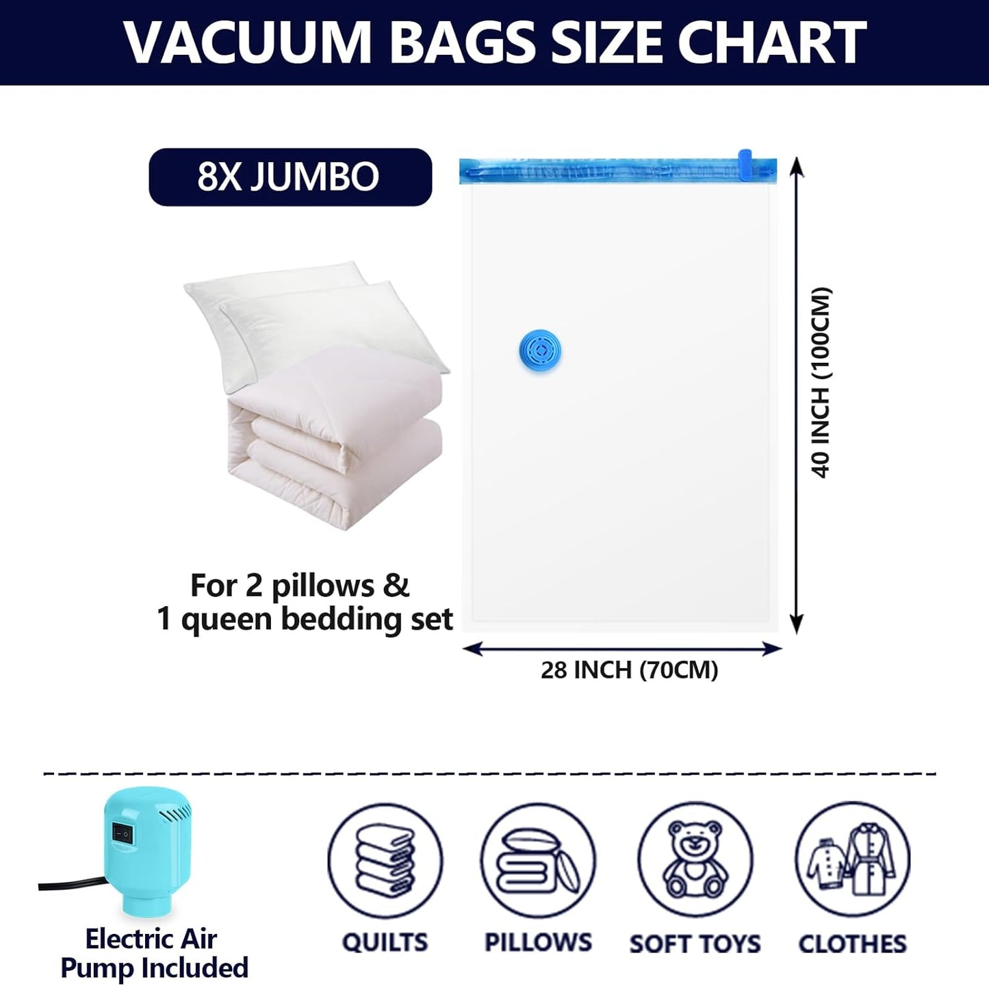 Vacuum Storage Bags for Blankets and Comforters 8 Jumbo Vacuum Seal Bags for Clothing Blankets Bedding with Electric Pump Compression Bag for Travel Luggage Jumbo Space Saver Storage Bag