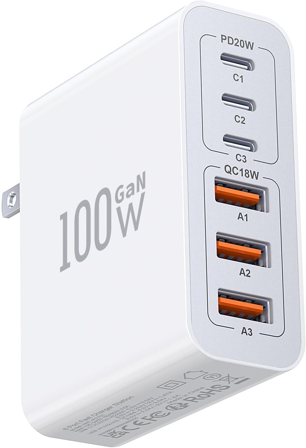 USB C Wall Charger Block,100W GaN 6-Port QC+PD3.0 Charging Station Type C Fast Chargers Plug Brick Portable Cube Hub Multiport Power Adapter for iPhone16/15/14 Pro Galaxy S25 Ultra2 AirPods4 Watch10