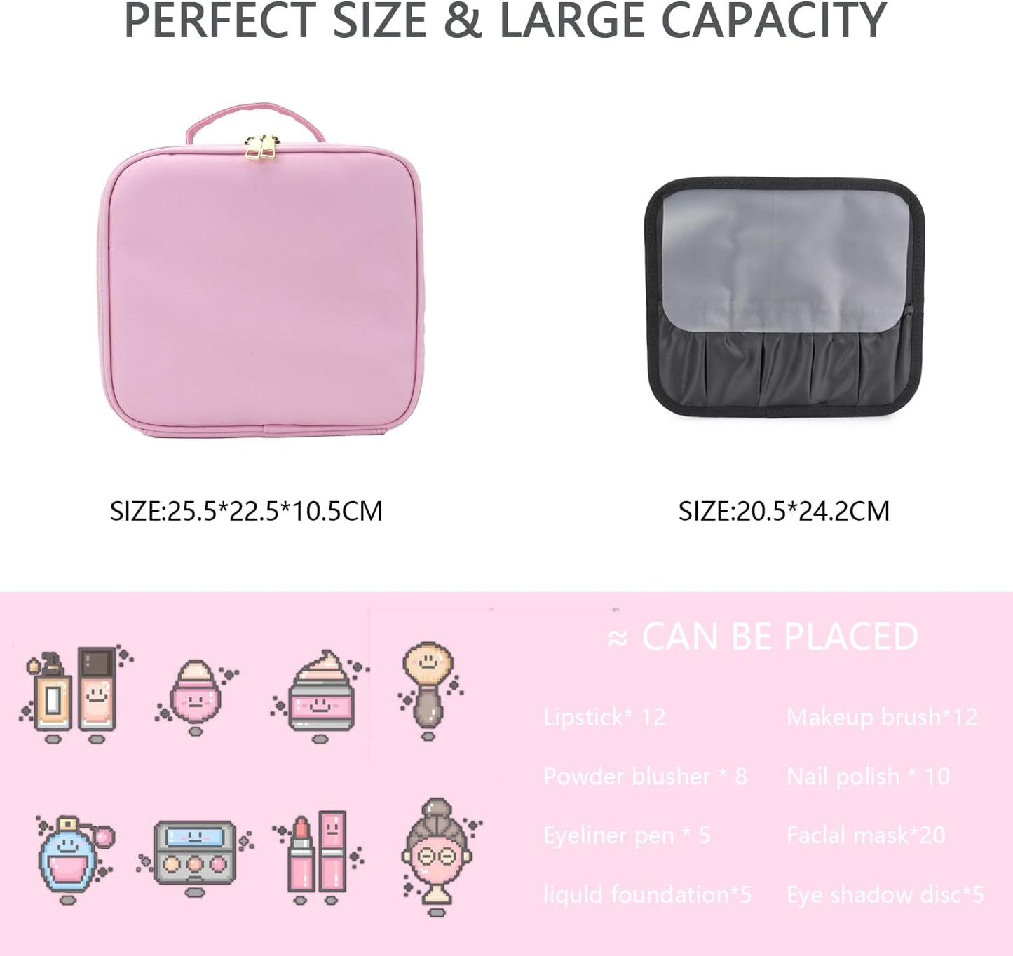 Makeup Bag with Led Mirror,Travel Makeup Organizer with 3 Color Setting & 10X Magnifying Mirror, Portable Storage and Adjustable Dividers Travel Makeup Bag-Light Pink