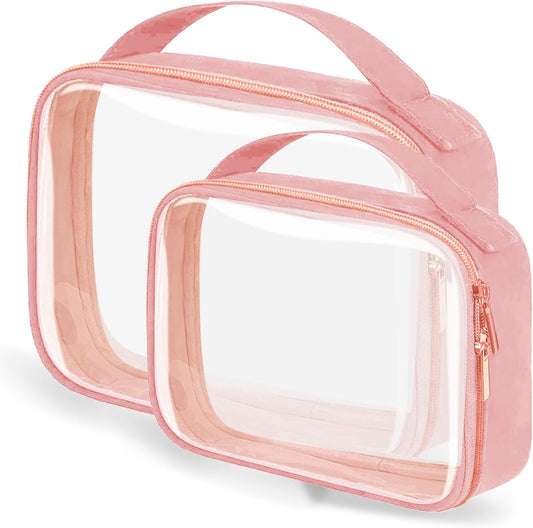 TSA Approved Travel Toiletry Bag,2 Pack Clear Makeup Bags with Handles,Quart Size Clear Cosmetic Bags for Traveling Women,Men,Carry on Airport Airline Compliant Bag,Pink
