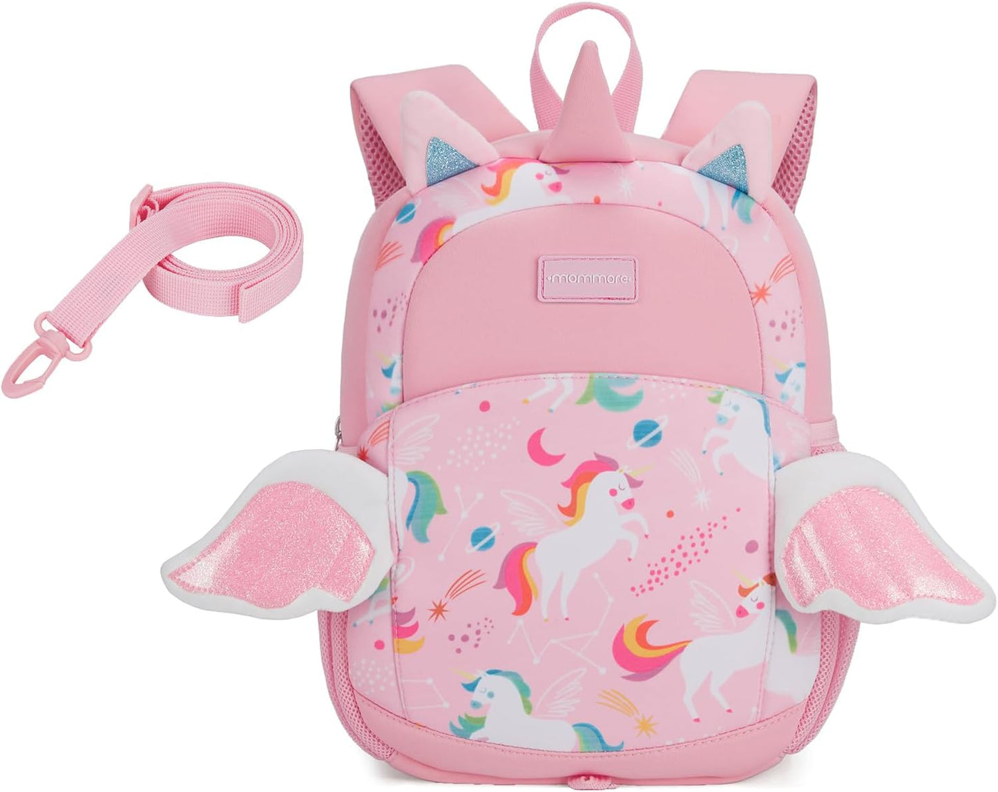 mommore Toddler Backpack for Girls 2-4 Neoprene Unicorn Backpack with Kids Leash, 3D Cartoon Preschool Kindergarten Bookbag for Pre-k, Pink