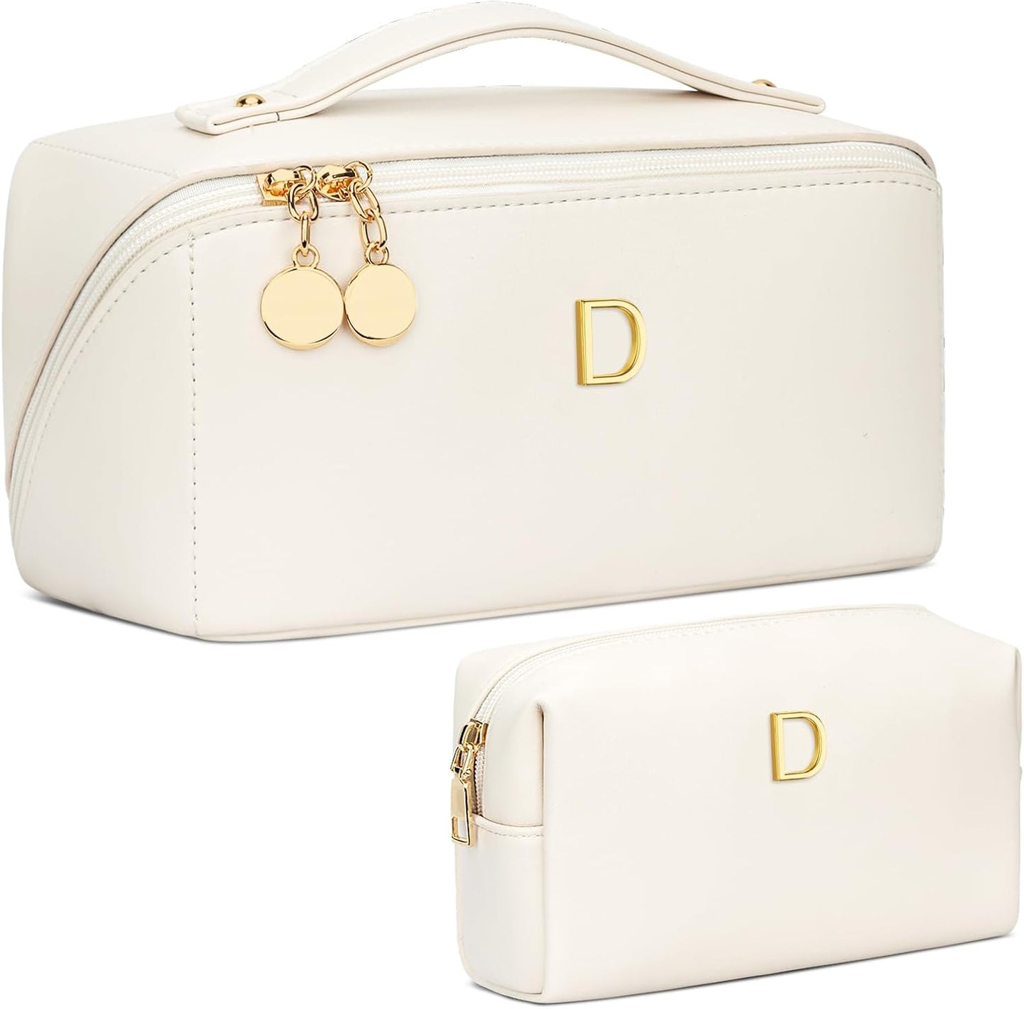 Birthday Gifts for Women Teen Girl, Personalized Initial Makeup Organizer Bag Set, Open Flat Travel Cosmetic Bag With Clear Divider and Handle(Beige,D)