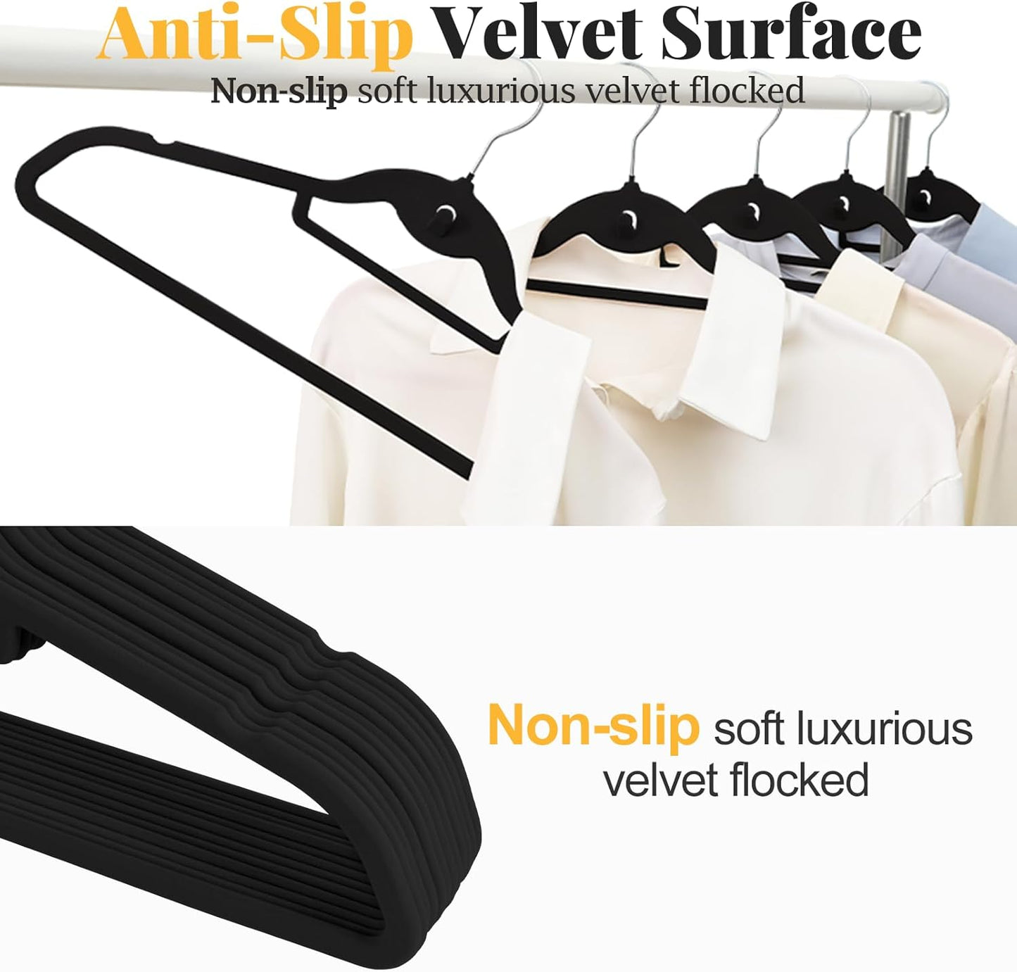 Velvet Felt Stackable Hangers 50 Pack, Non Slip, with 360° Swivel Hook, Ultra Thin and Space Saving for Suits, Shirts, Coats, 15Lbs Capacity Heavy Duty, Black