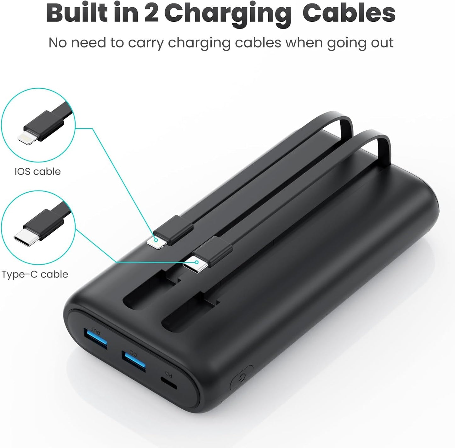 Portable Charger Power Bank 40,800mAh 25W Fast Charging USB C Portable Charger with 2 Built in Cables,5 Outputs & QC 4.0 Quick Phone Charging Battery Pack Compatible with iPhone 16/15/14,Android