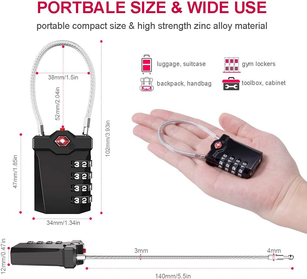 ZHEGE TSA Approved Lock, 4 Digit Cable Luggage Lock, Travel Lock with White Number, Flexible TSA Cable Lock for Suitcase, Gym Locker, School Locker, Easy to Read (1 Pack, Sliver)