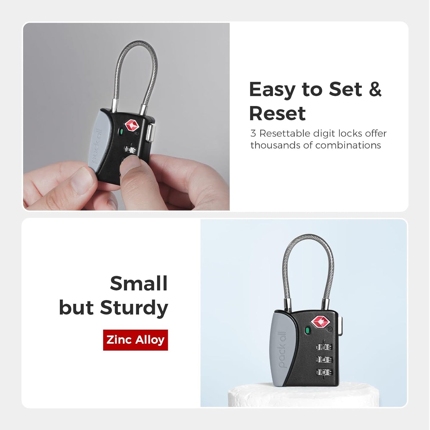 pack all TSA Approved Cable Luggage Locks, 3 Digit Combination Padlocks, Travel Lock for Suitcases & Bag, Alloy Body, Travel Accessories (4 Pack)（Grey）