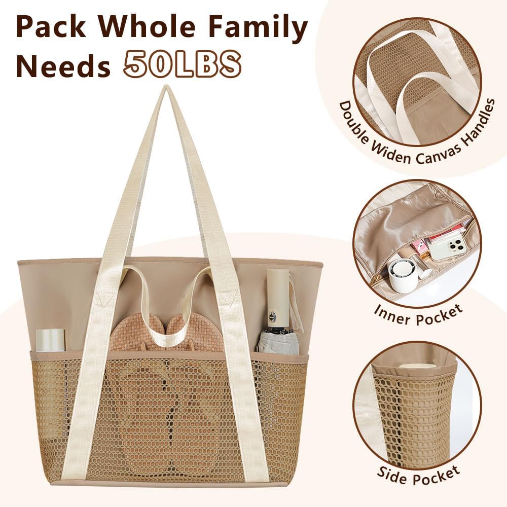 Waterproof Sandproof Beach Bag with Zipper and 6 Pockets - Foldable Lightweight Tote for Pool, Travel