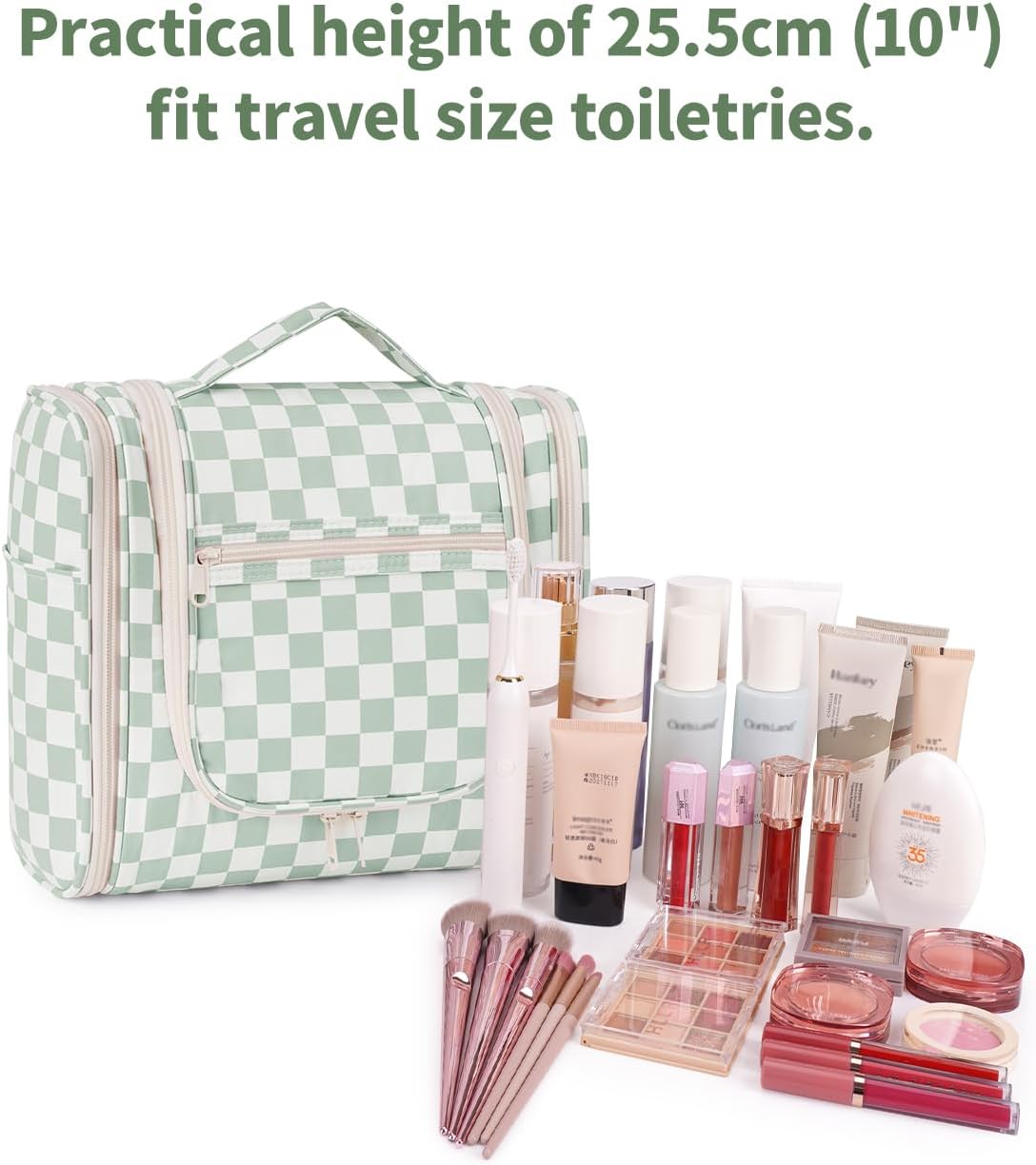 Narwey Checked Hanging Travel Toiletry Bag for Women, Travel Bag for Toiletries, Makeup Bag Organizer Cosmetic Bags Make Up Bags for Women (Mint Green Checkerboard)
