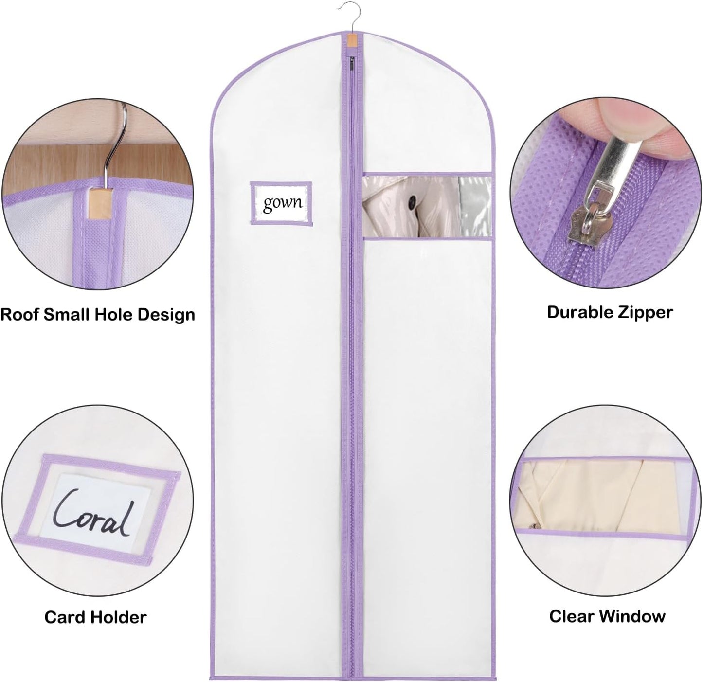 Syeeiex 60'' Garment Bags for Hanging Clothes, Set of 8 Dress Bags for Gowns, Dress Garment Bags for Gowns, Evening Dresses, Fur Coat, Long Dress(White & Purple)