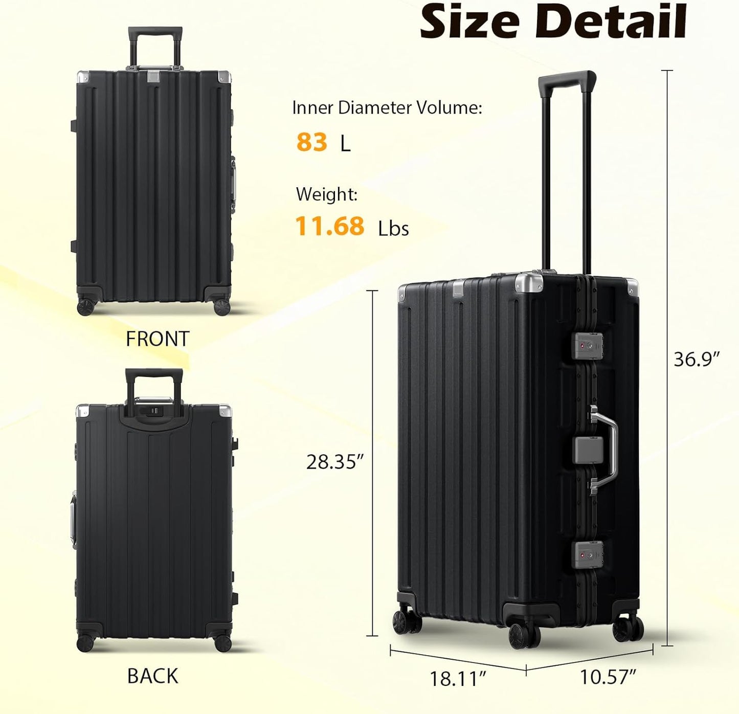 Krute Aluminum Frame Luggage 28 inch Zipperles Suitcase With Spinner Wheels USB Charger Hardside PC Large Luggages Checked Suitcases with TSA Lock (1 Piece)
