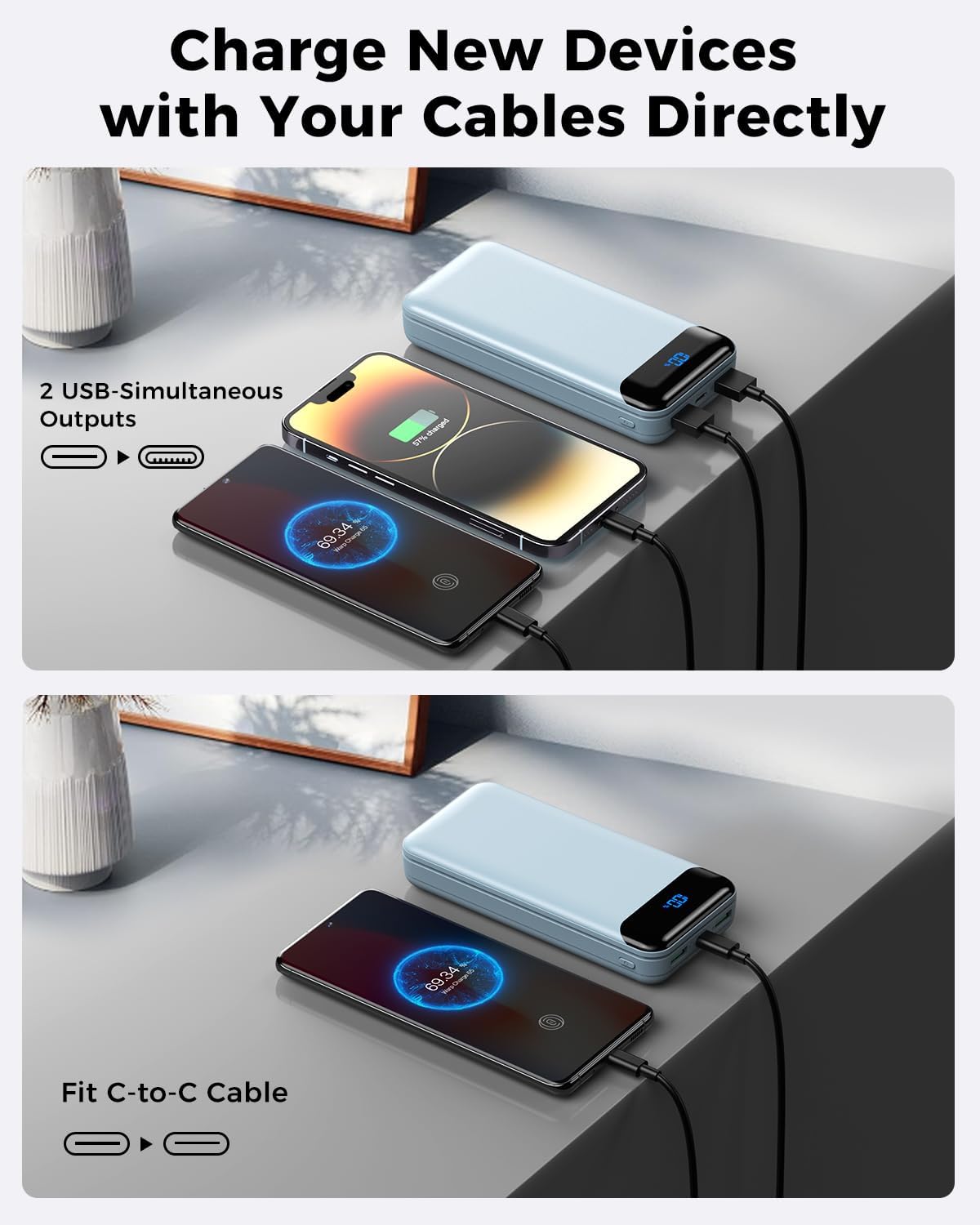 Portable Charger Power Bank 40000mAh Powerbank PD 30W and QC 4.0 Fast Charging External Battery Pack with USB-C LED 3 Outputs & 2 Inputs Portable Charging for iPhone 15 14 13 (Blue)