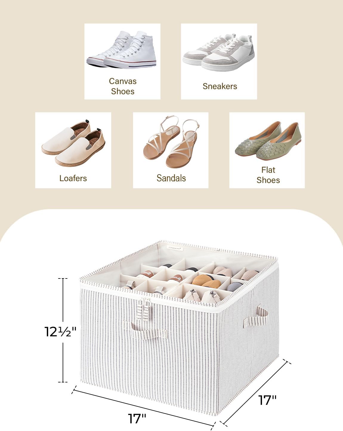 StorageWorks Shoe Organizer for Closet, Fits up to 16 Pairs, Shoe Cubby Storage Containers with Adjustable Dividers and Clear Cover, Gray and White Stripes