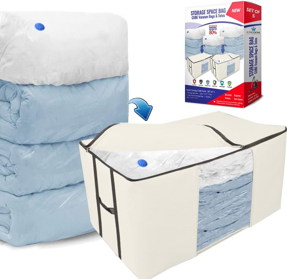 Cube Vacuum Storage Bags, Space Saver Bags, Decorative Totes with Cubic Vacuum Compression Seal Bags for Clothing & Bedding. Jumbo Organizer for Storing Clothes, Comforters, Blankets, Pillows & More!