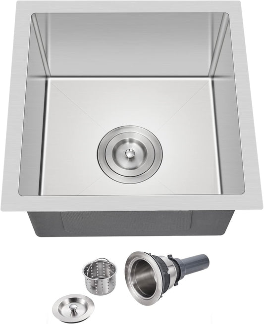 15 x 15 Inch Undermount Kitchen Sink, T-304 Stainless Steel Handmade Single Bowl Kitchen Bar Sink or Prep Small Sink (Brushed)