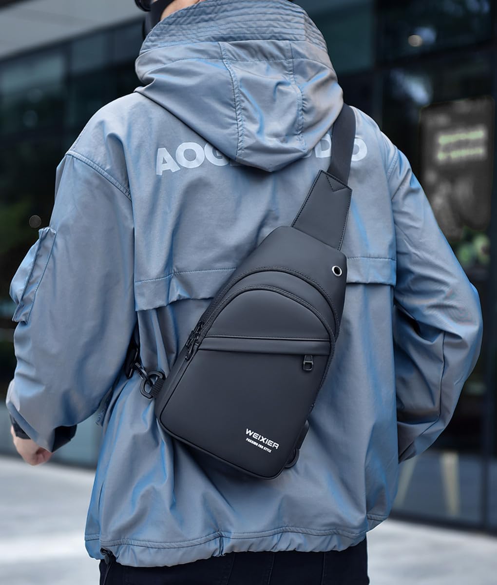 Waterproof Sling Bags Mens Shoulder Crossbody Backpack with USB Charging Port& Headphone,Outdoor Lightweight Bag