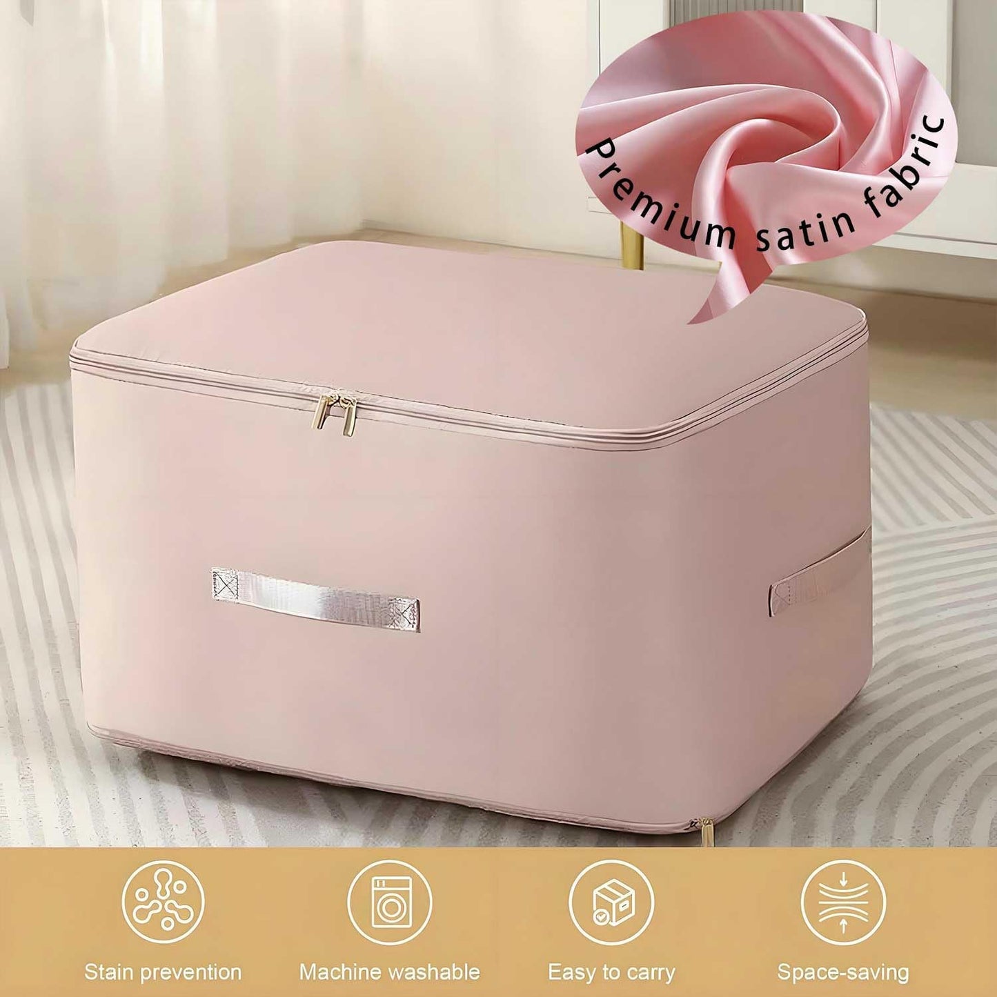 Ultra Space Saving Self Compression Organizer, 2025 New 3-Layer Zipper Large Capacity Storage Bag, Thick Satin Fabric Heavy Duty Bags for Comforters Blankets Bedding Duvet (Pink, X-Large, 21x17x24in)