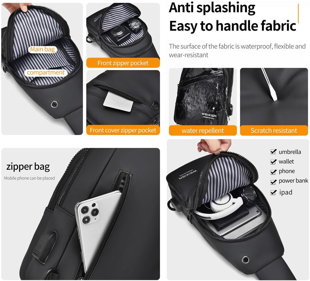 Waterproof Sling Bags Mens Shoulder Crossbody Backpack with USB Charging Port& Headphone,Outdoor Lightweight Bag