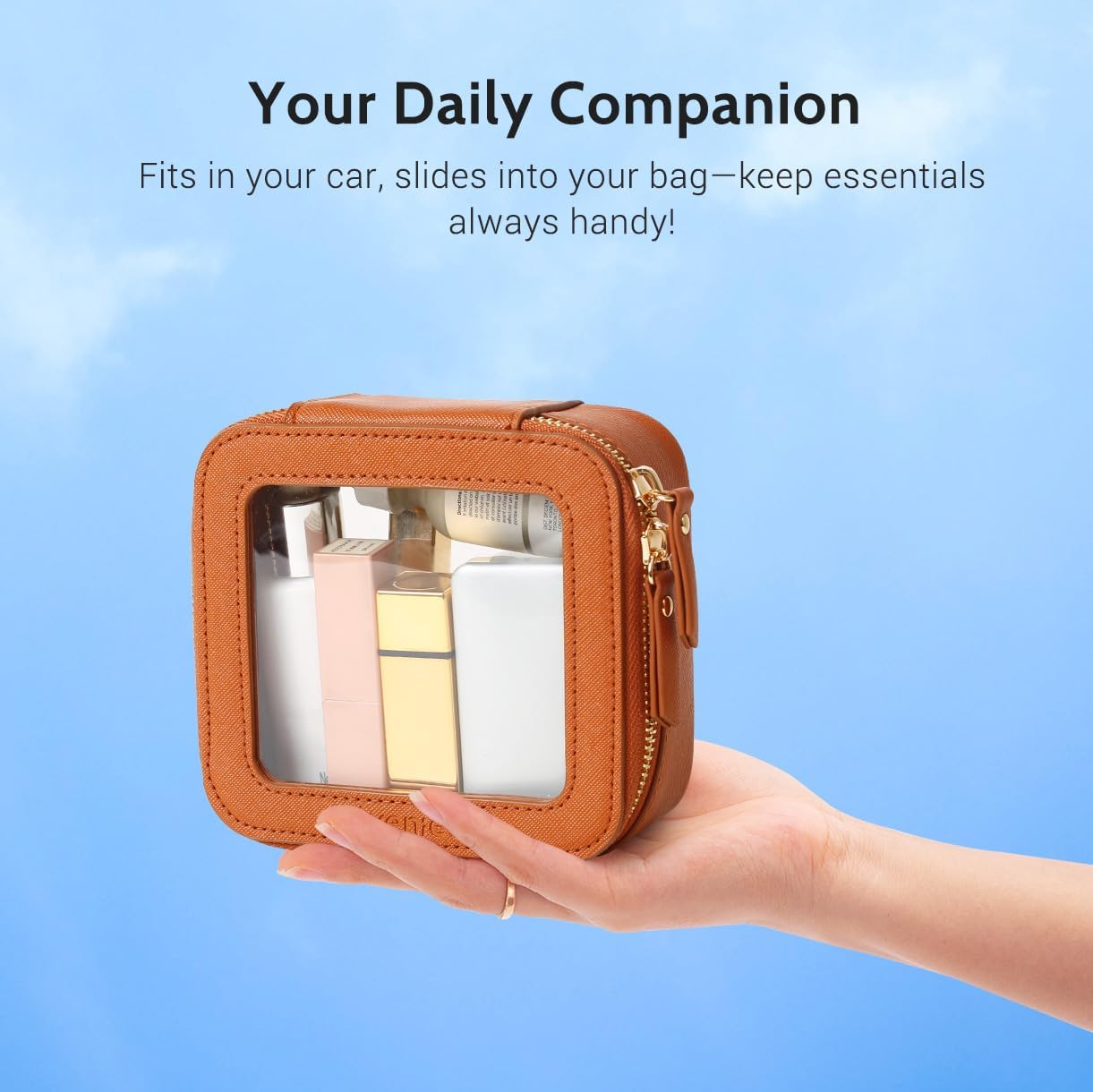 Aveniee Mini Clear Makeup Bag, Small Cosmetic Bags Travel Toiletry Pouch Organizer, TSA Approved Make up Case with Zipper, Car Bag for Essentials,Brown
