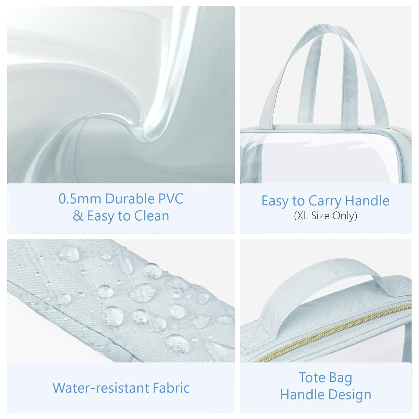 PACKISM Clear Toiletry Bags - 3 Pack Makeup Bags with Handle, Large Opening, Waterproof Cosmetic Bags for Travel Essentials, Grayish Blue