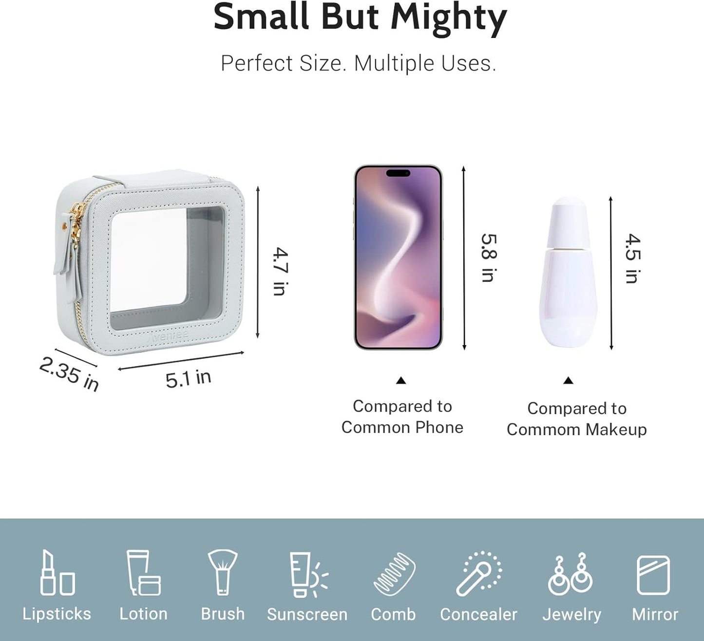 Aveniee Mini Clear Makeup Bag, Small Cosmetic Bags Travel Toiletry Pouch Organizer, TSA Approved Make up Case with Zipper, Car Bag for Essentials,Blue