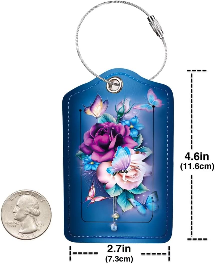 2 Pack Luggage Tag for Suitcase, Cute Unique Leather Bag Tags Identifiers Privacy Cover ID Label with Durable Steel Loop for Women Men Kids Girls Travel, Butterfly
