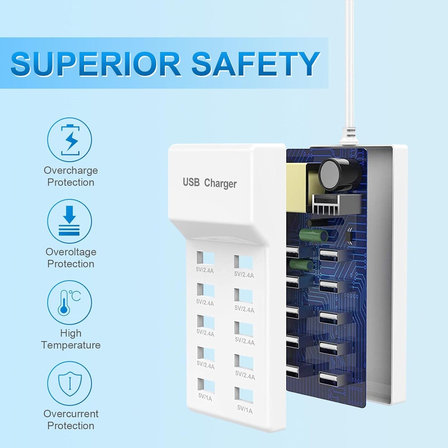 QIONMAR USB Wall Charger USB Charging Station for Multiple Devices USB Charger 10-Ports Power Hub Strip Smart Plug Charging Dock Charge Block Compatible with iPhone 15,iPod,Galaxy S Smart Phones