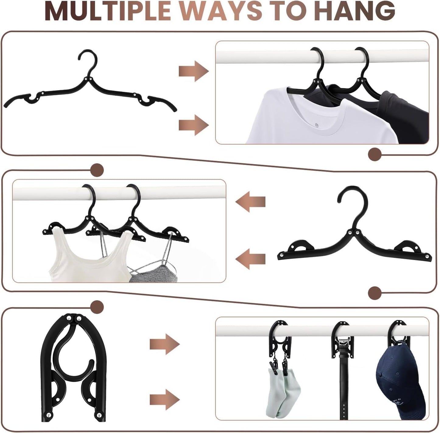 20 Pack Foldable Travel Hangers with 12 Clips - 2025 Cruise Essentials, Portable Collapsible Plastic Hangers-Travel Must Haves for Suitcase, Hotel, RV, Road Trip, Flying, Camping | Black