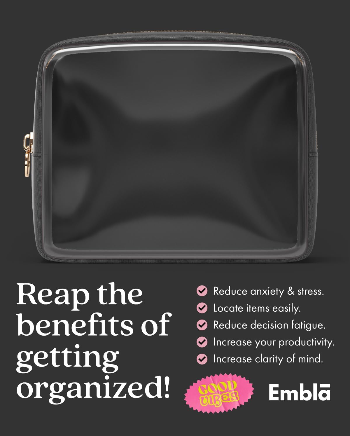 Clear Makeup Bag Zipper Pouch, Transparent Cosmetic Case Organizer, TSA Approved Travel Toiletry Case, Travel Accessories Essentials Makeup Tote for Women, Large Cute Make up Bag for Purse - Black