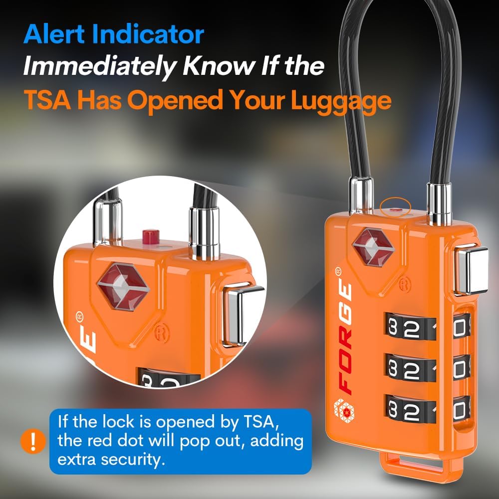 TSA Approved Cable Luggage Locks, Re-settable Combination with Alloy Body, Orange 2 Locks.