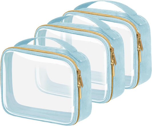 TSA Approved Travel Toiletry Bag,3 Pack Clear Makeup Bags with Handles,Quart Size Clear Cosmetic Bags for Traveling Women,Men,Carry on Airport Airline Compliant Bag,Blue